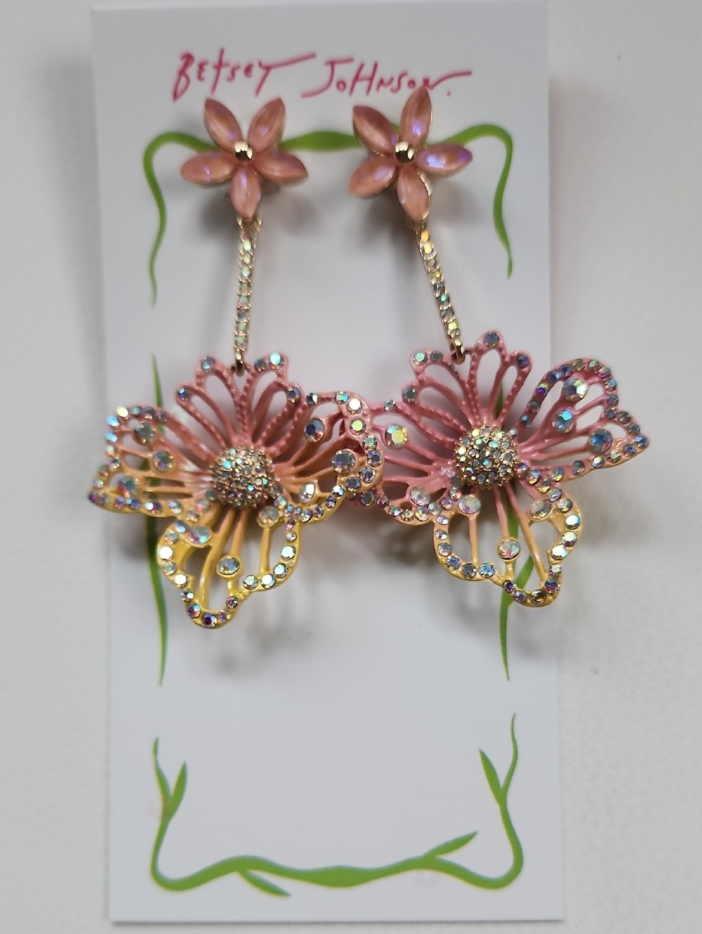 Betsey Johnson Pink and Gold Floral Drop Earrings with Aurora Crystals